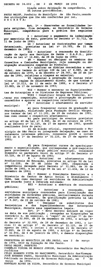 DECRETO 34002 1994 DELEGAÇÃO DE COMPETÊNCIA AFASTAMENTO CURSO DE ADMINISTRAÇÃO