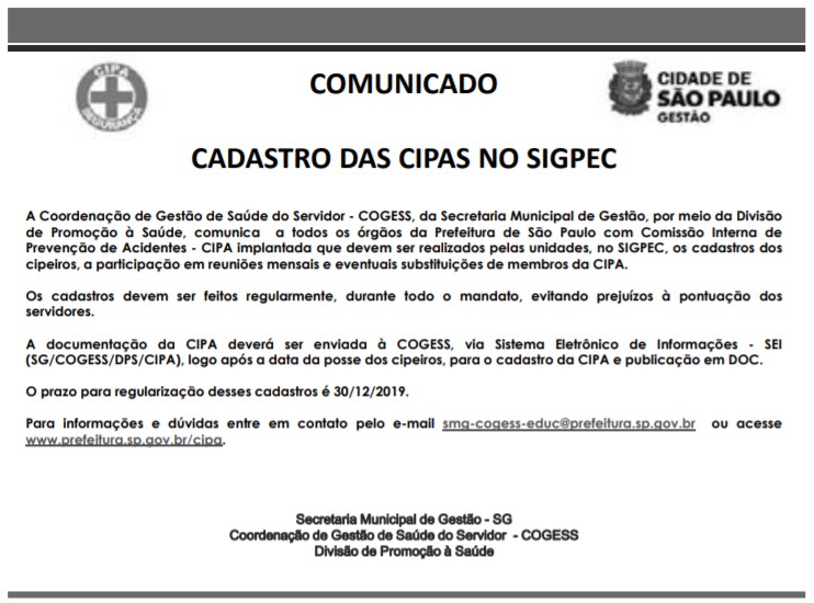 COMUNICADO CADASTRO DAS CIPAS NO SIGPEC 2019