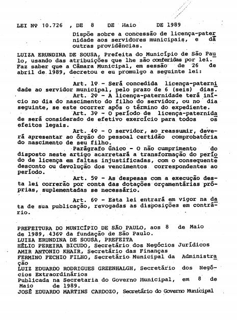 LEI 10726 1989 CONCESSÃO DE LICENÇA PATERNIDADE